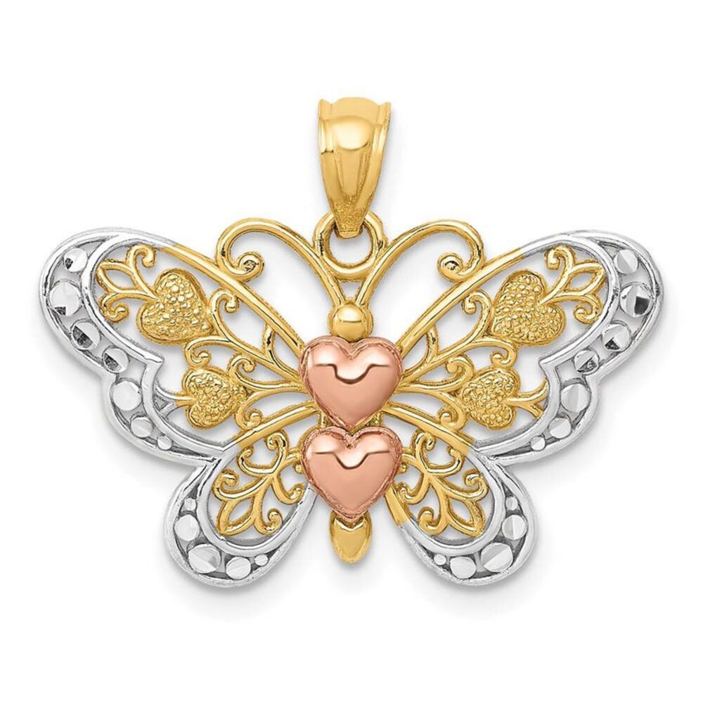 14k Yellow & Rose Gold with White Rhodium 25mm Heart Butterfly Pendant